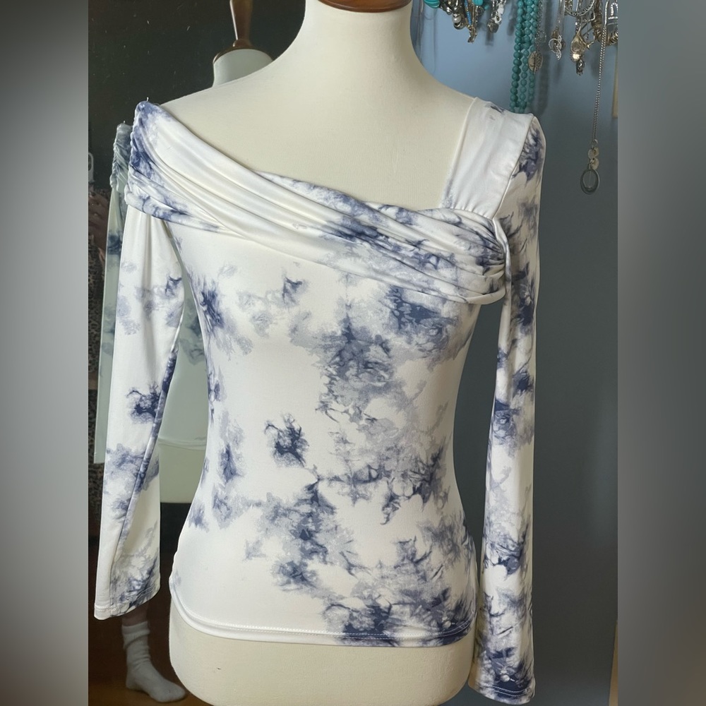 Blue Tie Dye Ruched Off The Shoulder Ling Sleeve Top